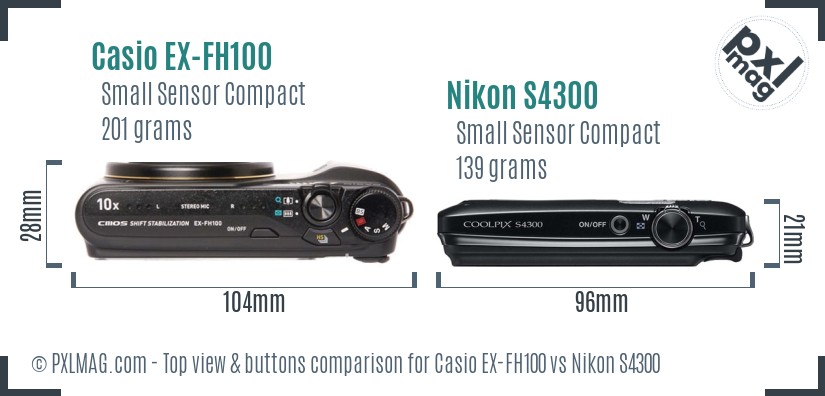 Casio EX-FH100 vs Nikon S4300 top view buttons comparison