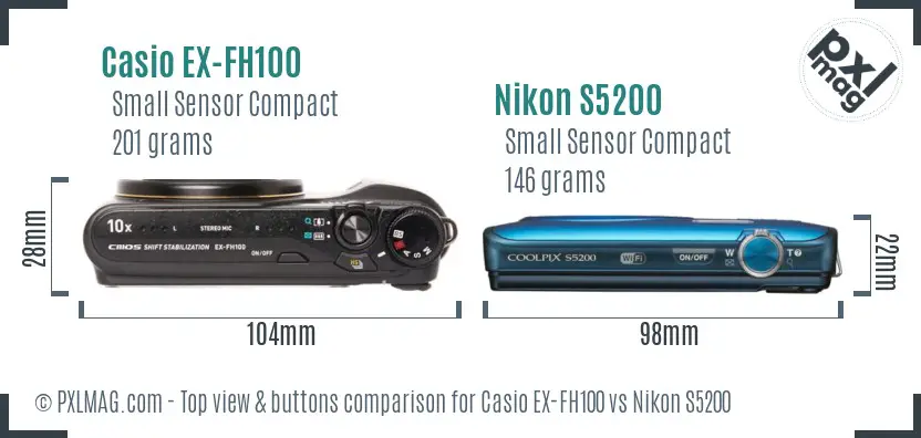 Casio EX-FH100 vs Nikon S5200 top view buttons comparison