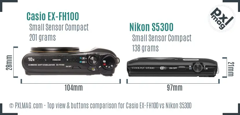 Casio EX-FH100 vs Nikon S5300 top view buttons comparison