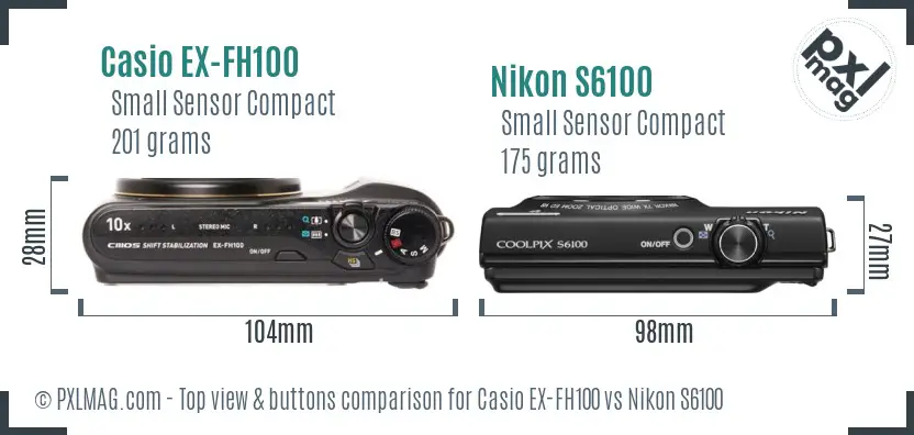 Casio EX-FH100 vs Nikon S6100 top view buttons comparison Casio EX-FH100 vs Nikon S6100 top view buttons comparison