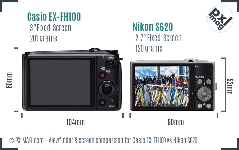Casio EX-FH100 vs Nikon S620 Screen and Viewfinder comparison