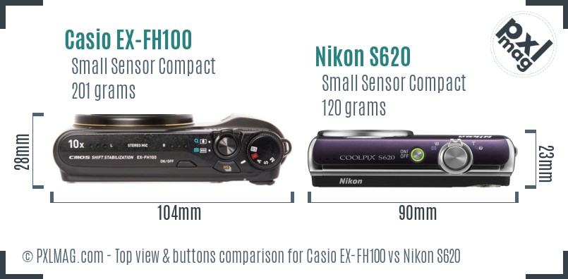 Casio EX-FH100 vs Nikon S620 top view buttons comparison