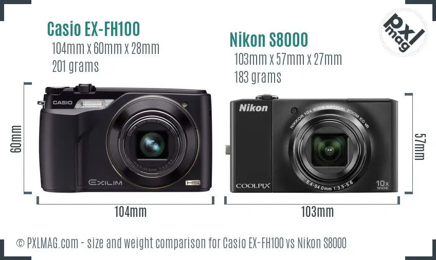 Casio EX-FH100 vs Nikon S8000 size comparison