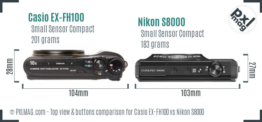 Casio EX-FH100 vs Nikon S8000 top view buttons comparison