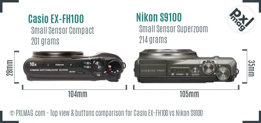 Casio EX-FH100 vs Nikon S9100 top view buttons comparison