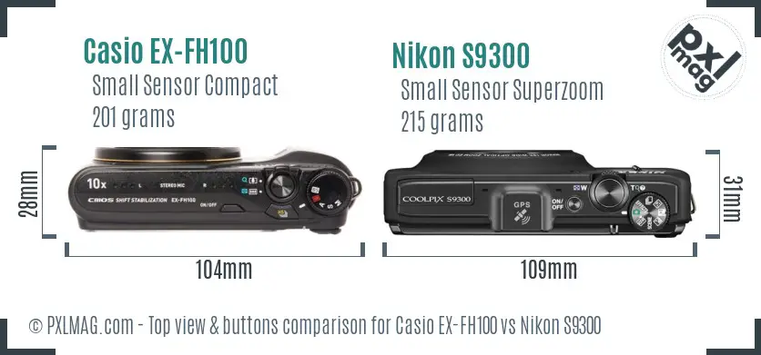 Casio EX-FH100 vs Nikon S9300 top view buttons comparison