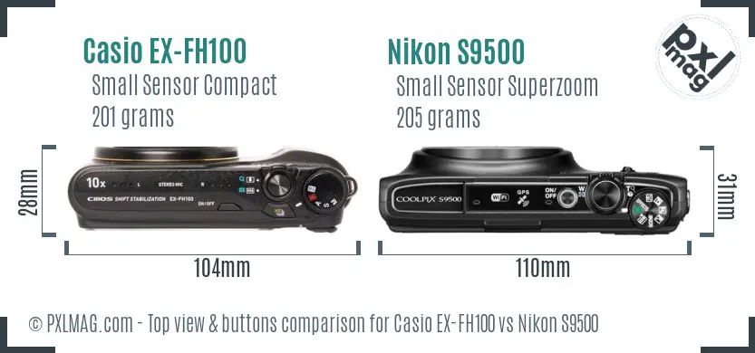 Casio EX-FH100 vs Nikon S9500 top view buttons comparison