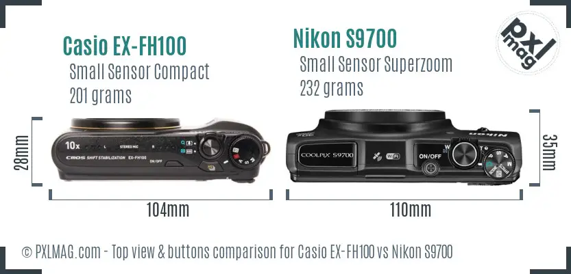 Casio EX-FH100 vs Nikon S9700 top view buttons comparison