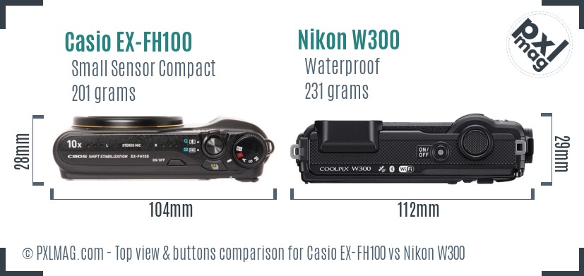 Casio EX-FH100 vs Nikon W300 top view buttons comparison