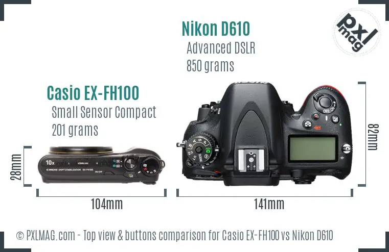 Casio EX-FH100 vs Nikon D610 top view buttons comparison