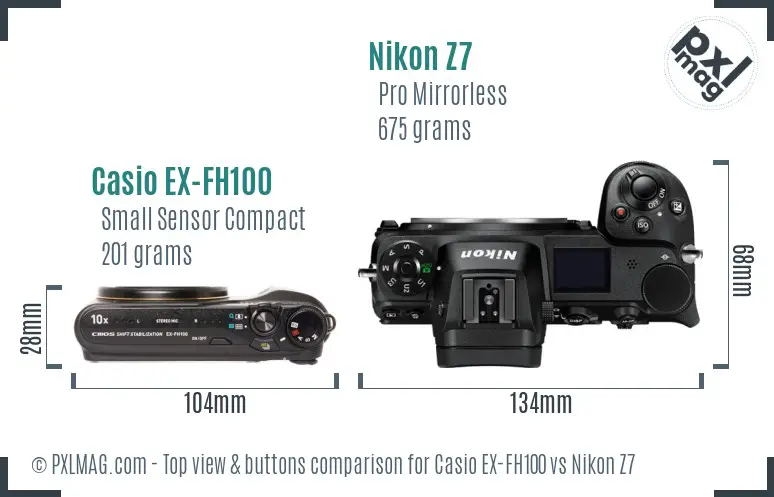 Casio EX-FH100 vs Nikon Z7 top view buttons comparison