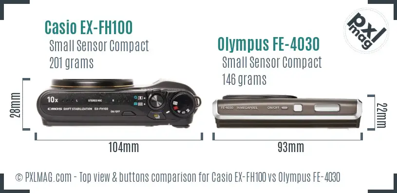 Casio EX-FH100 vs Olympus FE-4030 top view buttons comparison
