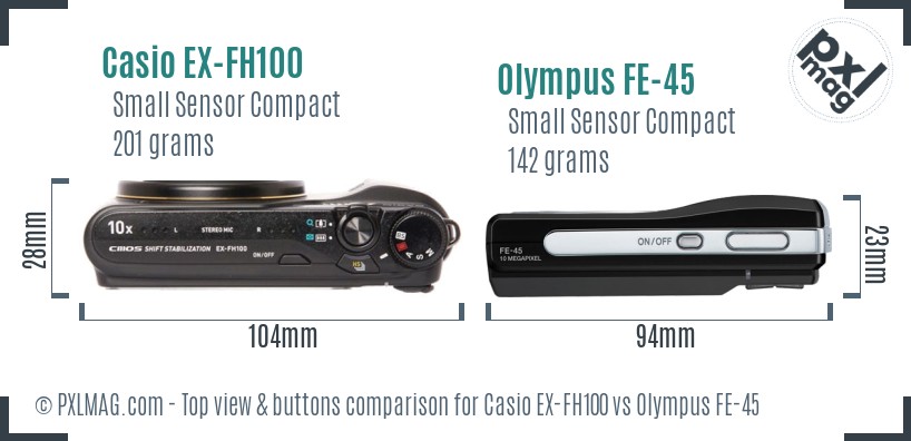 Casio EX-FH100 vs Olympus FE-45 top view buttons comparison