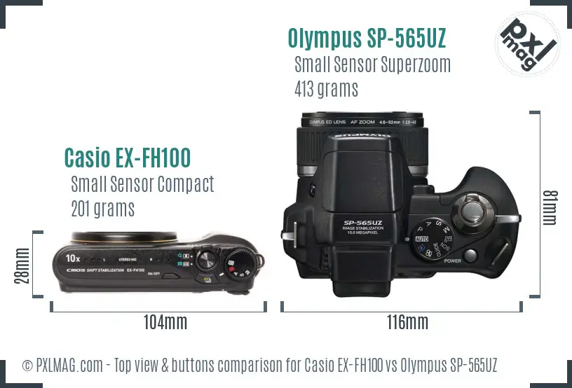 Casio EX-FH100 vs Olympus SP-565UZ top view buttons comparison