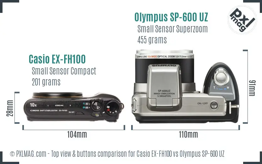 Casio EX-FH100 vs Olympus SP-600 UZ top view buttons comparison