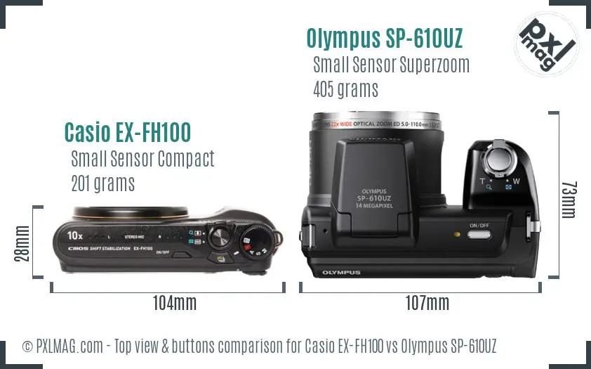 Casio EX-FH100 vs Olympus SP-610UZ top view buttons comparison