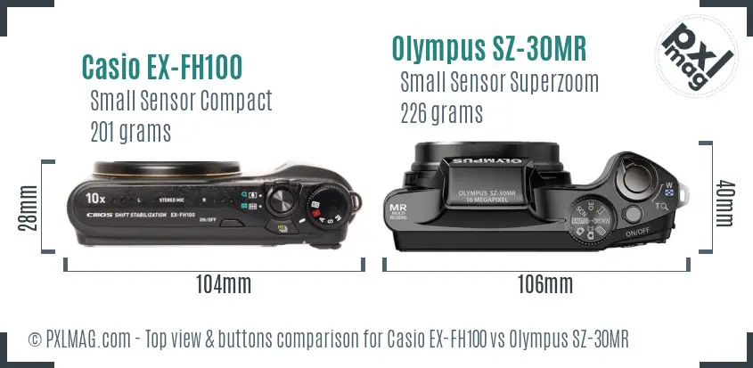 Casio EX-FH100 vs Olympus SZ-30MR top view buttons comparison