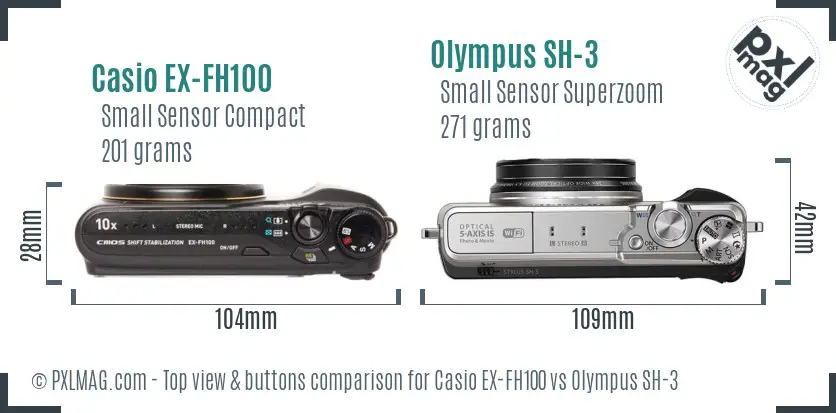 Casio EX-FH100 vs Olympus SH-3 top view buttons comparison