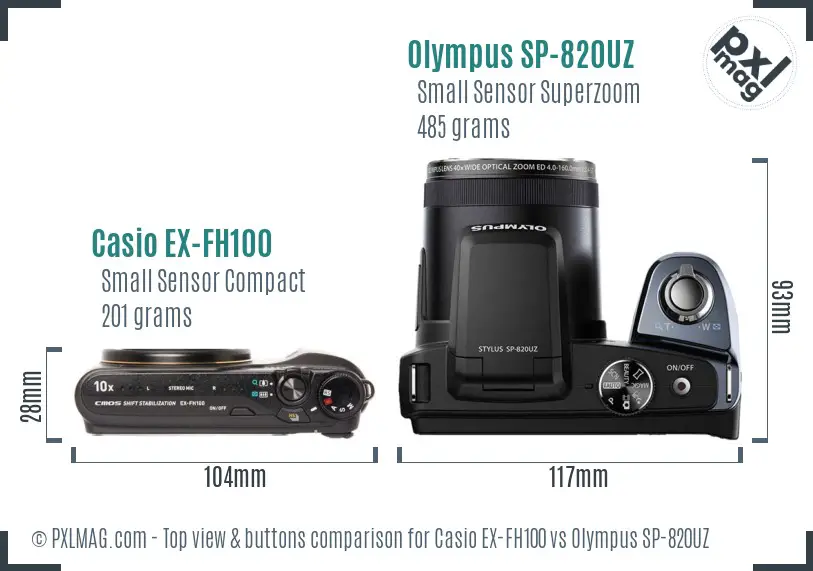 Casio EX-FH100 vs Olympus SP-820UZ top view buttons comparison