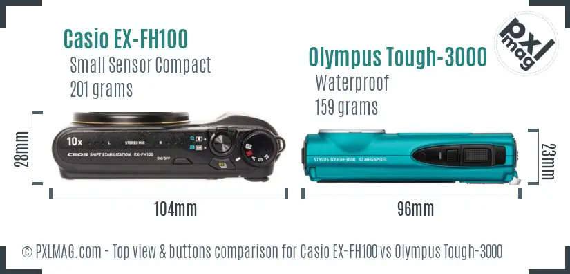 Casio EX-FH100 vs Olympus Tough-3000 top view buttons comparison