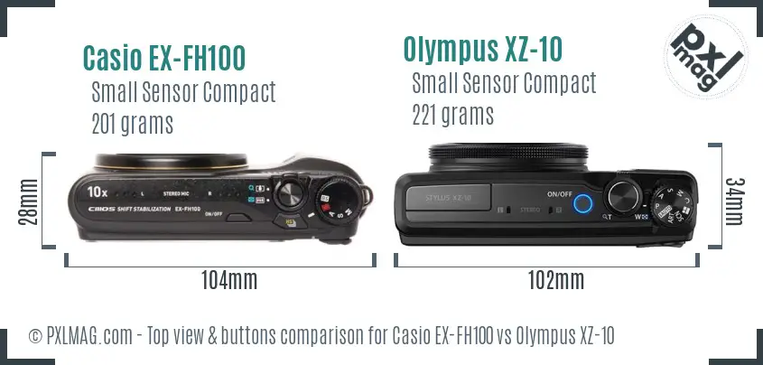 Casio EX-FH100 vs Olympus XZ-10 top view buttons comparison Casio EX-FH100 vs Olympus XZ-10 top view buttons comparison