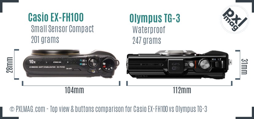 Casio EX-FH100 vs Olympus TG-3 top view buttons comparison