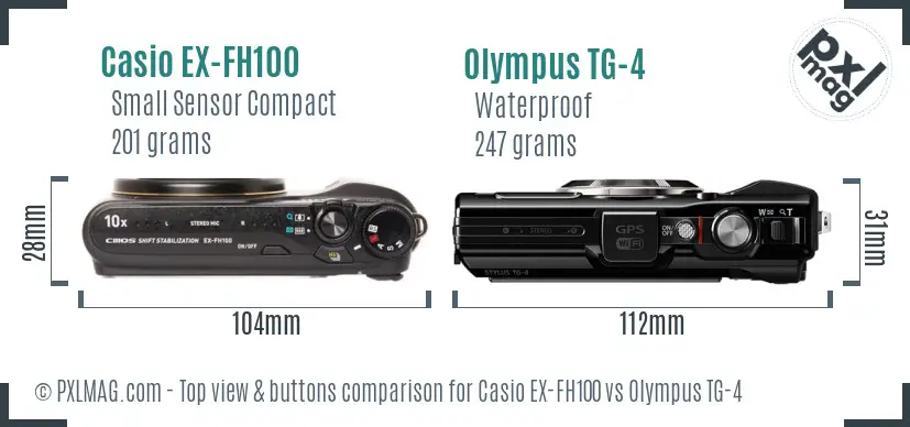 Casio EX-FH100 vs Olympus TG-4 top view buttons comparison Casio EX-FH100 vs Olympus TG-4 top view buttons comparison
