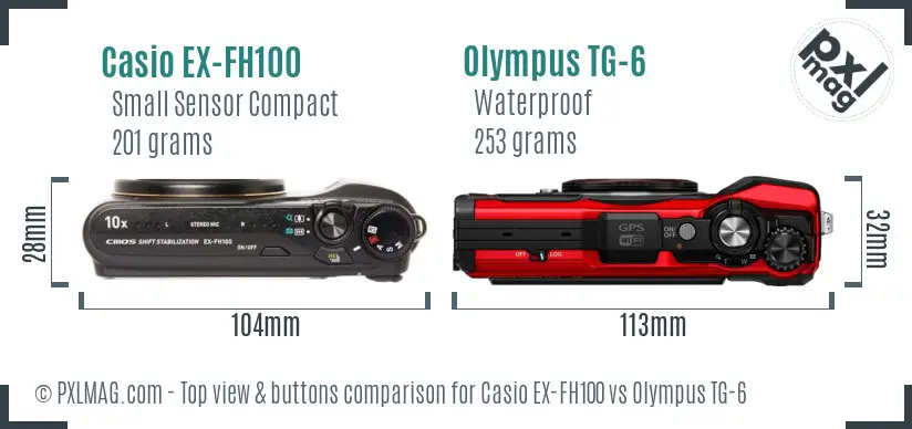 Casio EX-FH100 vs Olympus TG-6 top view buttons comparison Casio EX-FH100 vs Olympus TG-6 top view buttons comparison