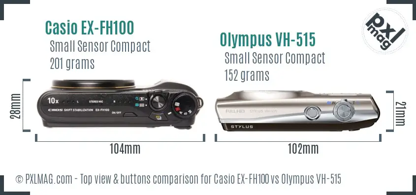 Casio EX-FH100 vs Olympus VH-515 top view buttons comparison Casio EX-FH100 vs Olympus VH-515 top view buttons comparison
