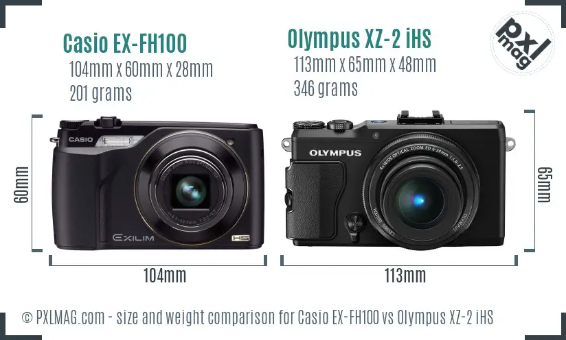 Casio EX-FH100 vs Olympus XZ-2 iHS size comparison