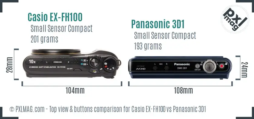 Casio EX-FH100 vs Panasonic 3D1 top view buttons comparison Casio EX-FH100 vs Panasonic 3D1 top view buttons comparison