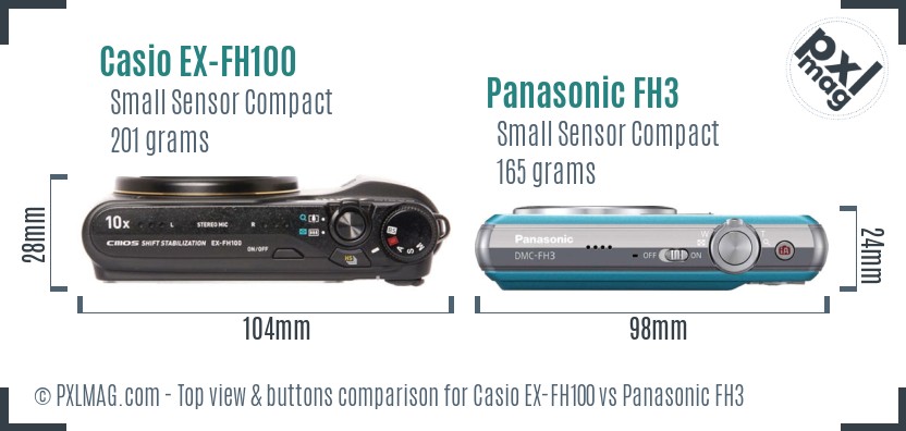 Casio EX-FH100 vs Panasonic FH3 top view buttons comparison