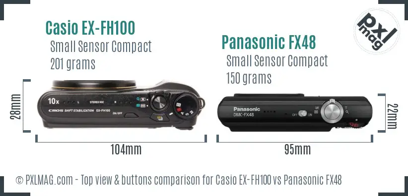Casio EX-FH100 vs Panasonic FX48 top view buttons comparison Casio EX-FH100 vs Panasonic FX48 top view buttons comparison
