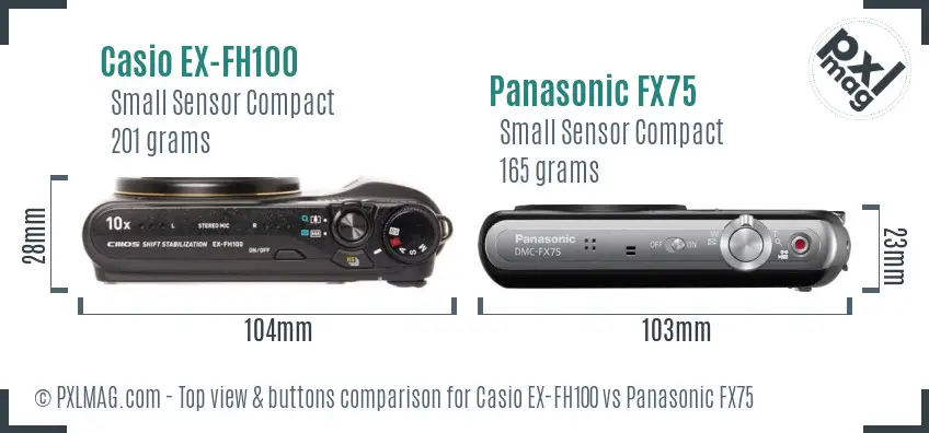 Casio EX-FH100 vs Panasonic FX75 top view buttons comparison Casio EX-FH100 vs Panasonic FX75 top view buttons comparison
