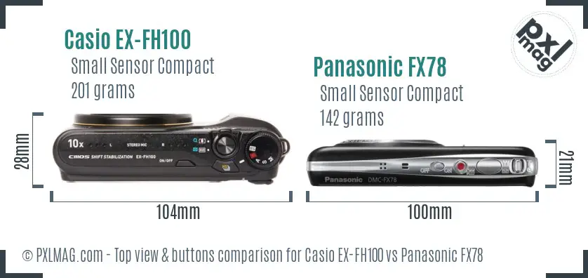 Casio EX-FH100 vs Panasonic FX78 top view buttons comparison Casio EX-FH100 vs Panasonic FX78 top view buttons comparison