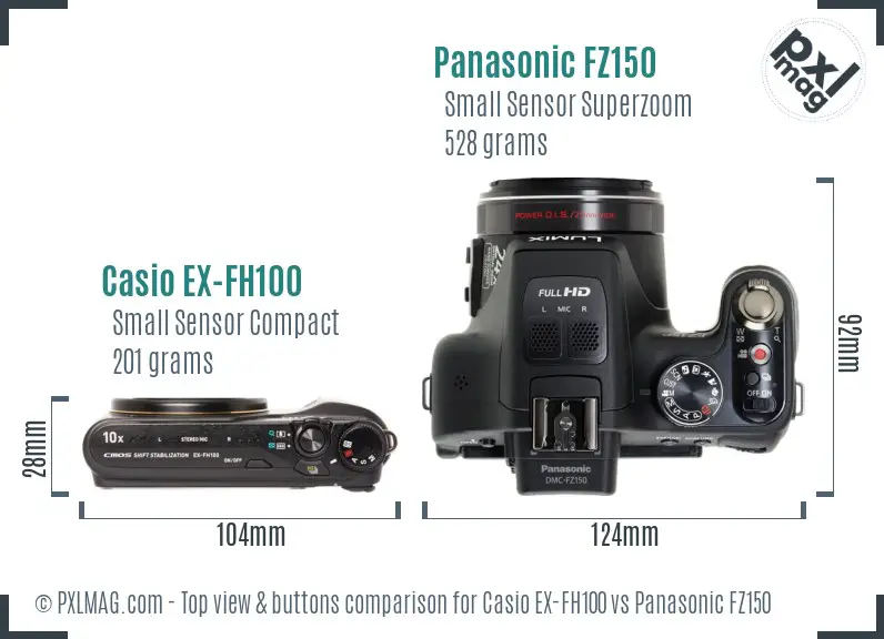 Casio EX-FH100 vs Panasonic FZ150 top view buttons comparison