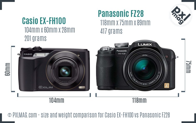Casio EX-FH100 vs Panasonic FZ28 size comparison
