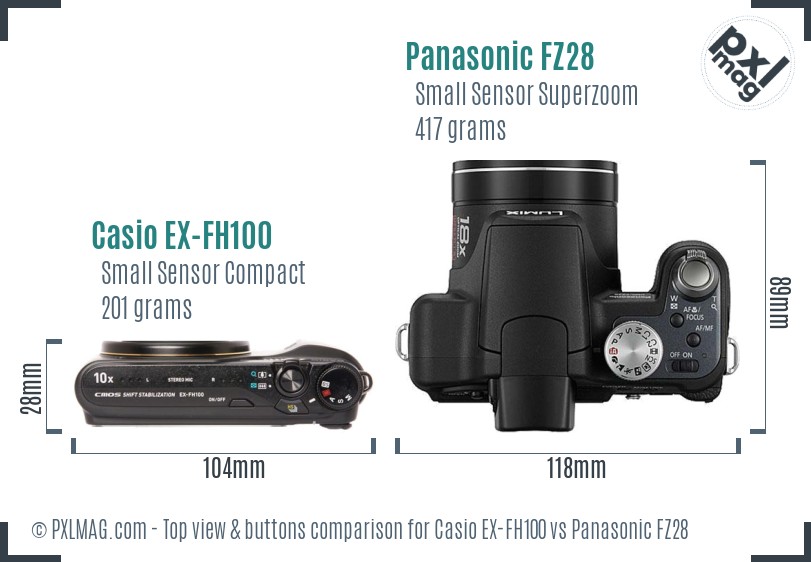 Casio EX-FH100 vs Panasonic FZ28 top view buttons comparison