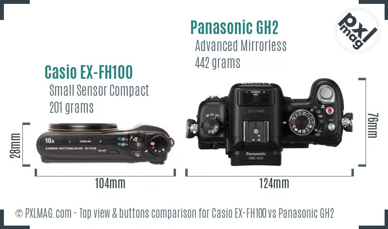 Casio EX-FH100 vs Panasonic GH2 top view buttons comparison