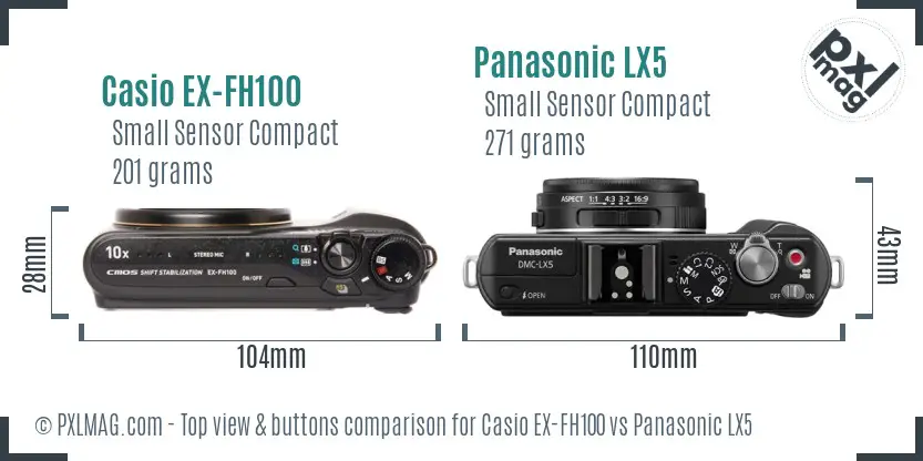 Casio EX-FH100 vs Panasonic LX5 top view buttons comparison