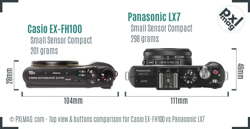 Casio EX-FH100 vs Panasonic LX7 top view buttons comparison Casio EX-FH100 vs Panasonic LX7 top view buttons comparison