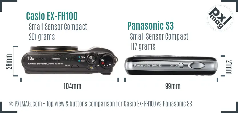 Casio EX-FH100 vs Panasonic S3 top view buttons comparison Casio EX-FH100 vs Panasonic S3 top view buttons comparison