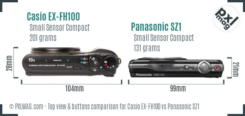 Casio EX-FH100 vs Panasonic SZ1 top view buttons comparison Casio EX-FH100 vs Panasonic SZ1 top view buttons comparison