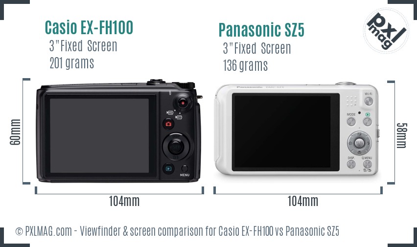 Casio EX-FH100 vs Panasonic SZ5 Screen and Viewfinder comparison