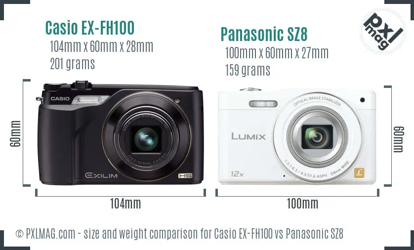 Casio EX-FH100 vs Panasonic SZ8 size comparison