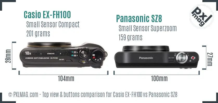 Casio EX-FH100 vs Panasonic SZ8 top view buttons comparison