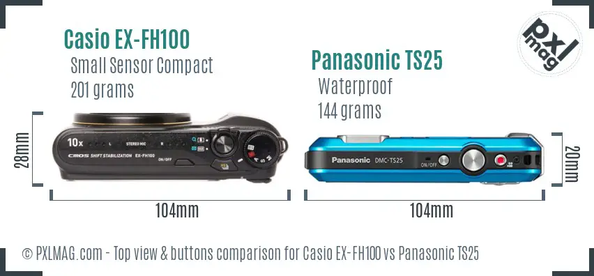 Casio EX-FH100 vs Panasonic TS25 top view buttons comparison