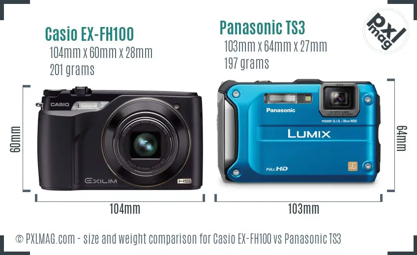 Casio EX-FH100 vs Panasonic TS3 size comparison