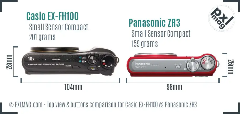 Casio EX-FH100 vs Panasonic ZR3 top view buttons comparison Casio EX-FH100 vs Panasonic ZR3 top view buttons comparison