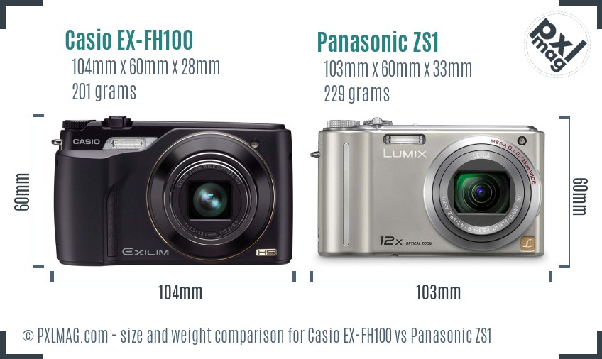 Casio EX-FH100 vs Panasonic ZS1 size comparison